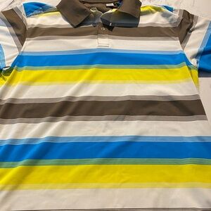 Callaway Men's Polo Shirt with Blue, Yellow, Brown, and White Stripes